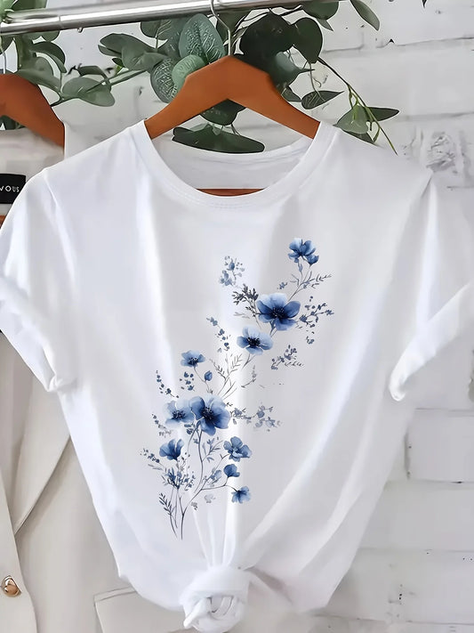Women'S Floral Print T-Shirt  Blue Floral Design Casual Crew Neck Short Sleeve Spring Summer Fall Fashion Top Ladies T Shirts