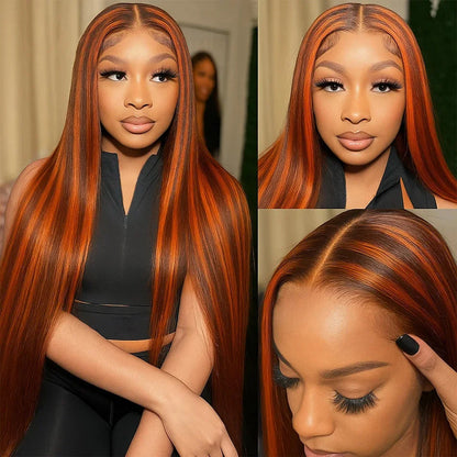 100% Human Hair 4/350 Highlight Ombre Bone Straight 13x6 Lace Front Wigs Ginger Orange Brown Colored 13x4 Lace Frontal Wig