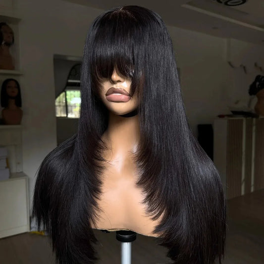 Black Layered Cut Lace Front Wig With Bangs Straight Lace Frontal Wigs 13x4 Glueless PrePlucked Hd Lace Wig Synthetic For Women