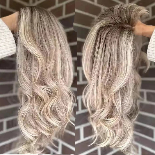 100 Human Hair Highlight Wigs Dark Roots Colored Ash Blonde Wave Human Hair Wigs 13x4 Lace Front Wigs for Women Pre Plucked Hair