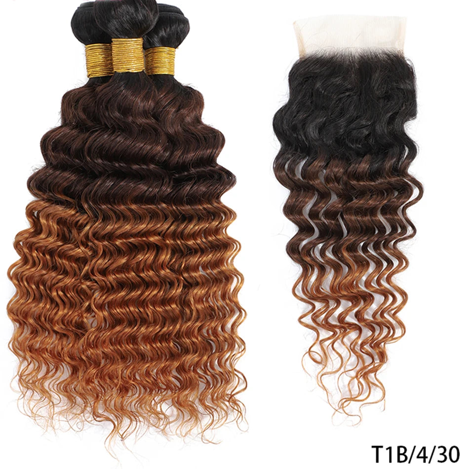 100% Virgin Human Hair Deep Wave 2/3 Bundles With Lace Closure Ombre Highlight Malaysian Hair Deep Curly With 4X4 Lace Closure