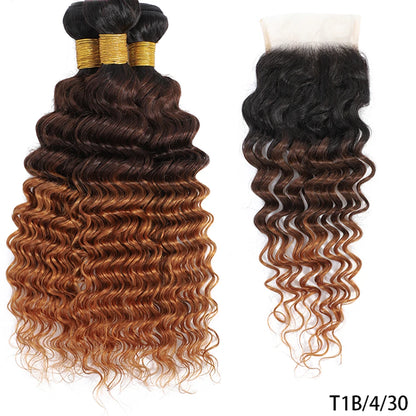 100% Virgin Human Hair Deep Wave 2/3 Bundles With Lace Closure Ombre Highlight Malaysian Hair Deep Curly With 4X4 Lace Closure
