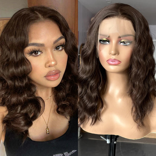 13X4 Chocolate Brown Short Curly Wavy Hair Synthetic Lace Front Wig Shoulder Length Deep Wave Brunette Brown Bob Wigs for Women