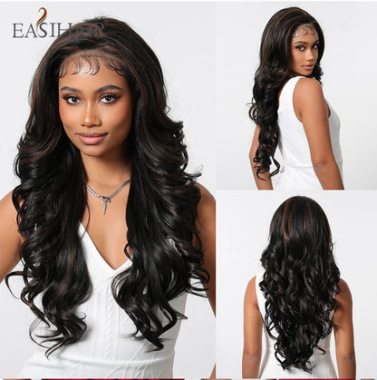 Long Curly 13*6 Lace Front Wigs Dark Brown Highlight Synthetic Wig with Baby Hair Heat Resistant Daily Lace Wig for Afro Women