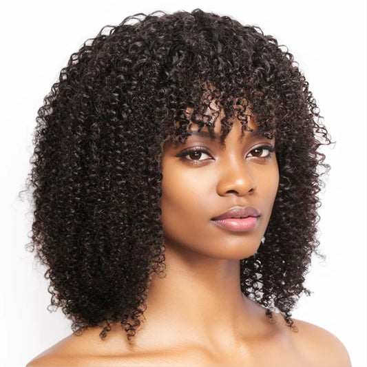 Short Curly Human Hair Wigs for Black Women Natural Color Kinky Curly Wigs with Bangs Brazilian Remy Hair Short Bob Wigs