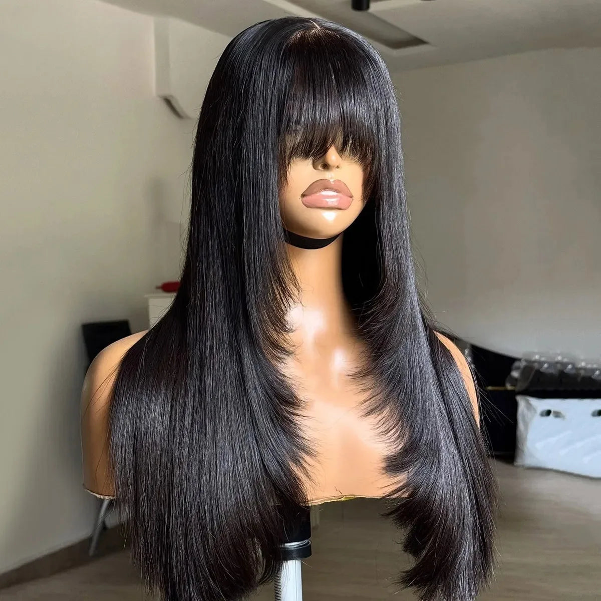Black Layered Cut Lace Front Wig With Bangs Straight Lace Frontal Wigs 13x4 Glueless PrePlucked Hd Lace Wig Synthetic For Women