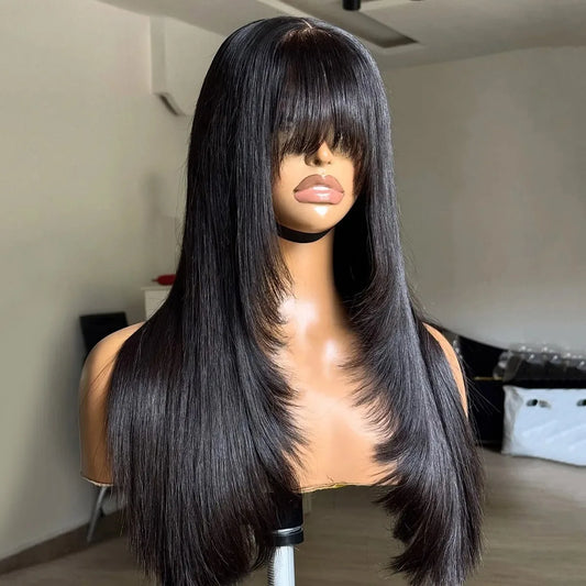 Black Layered Cut Lace Front Wig With Bangs Straight Lace Frontal Wigs 13x4 Glueless PrePlucked Hd Lace Wig Synthetic For Women