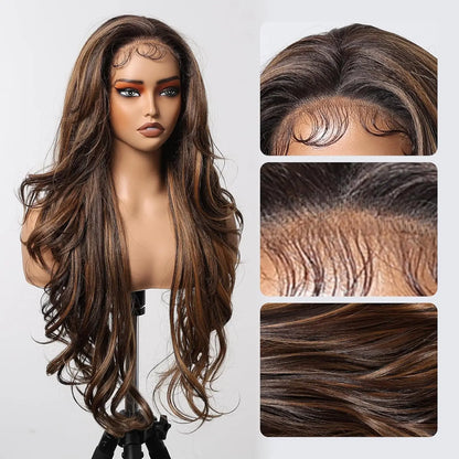 Long Curly 13*6 Lace Front Wigs Dark Brown Highlight Synthetic Wig with Baby Hair Heat Resistant Daily Lace Wig for Afro Women