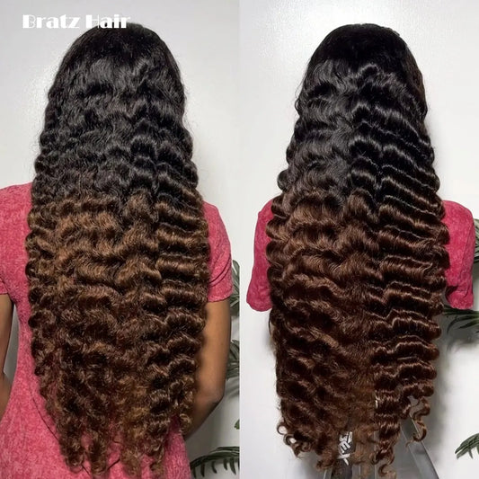 Human Hair Ombre Black Brown Deep Wave Wig Ready to Wear 13x4 HD Lace Front Glueless Wig for Woman T1B/4 Colored Deep Wave Wigs