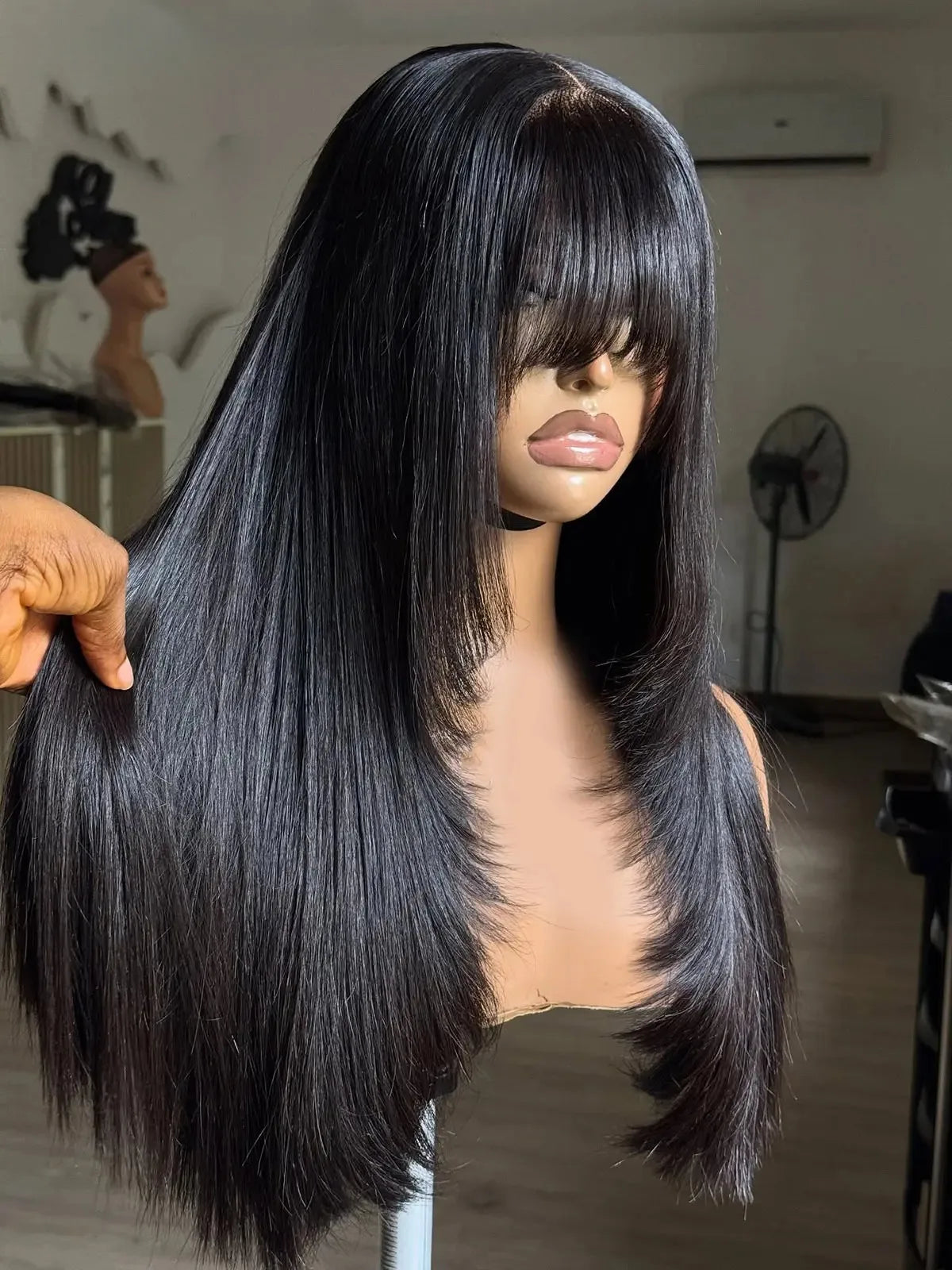 Black Layered Cut Lace Front Wig With Bangs Straight Lace Frontal Wigs 13x4 Glueless PrePlucked Hd Lace Wig Synthetic For Women