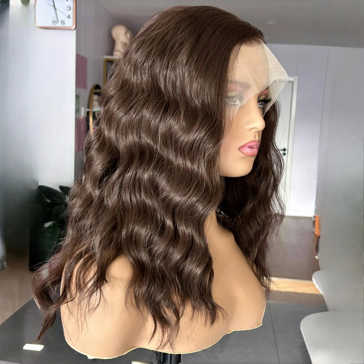 13X4 Chocolate Brown Short Curly Wavy Hair Synthetic Lace Front Wig Shoulder Length Deep Wave Brunette Brown Bob Wigs for Women