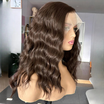 13X4 Chocolate Brown Short Curly Wavy Hair Synthetic Lace Front Wig Shoulder Length Deep Wave Brunette Brown Bob Wigs for Women