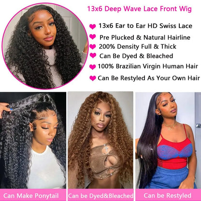 Deep Wave Human Hair Wig 13x6 HD Lace Front Wig 200% Density Curly Human Hair Wig For Woman Pre Plucked