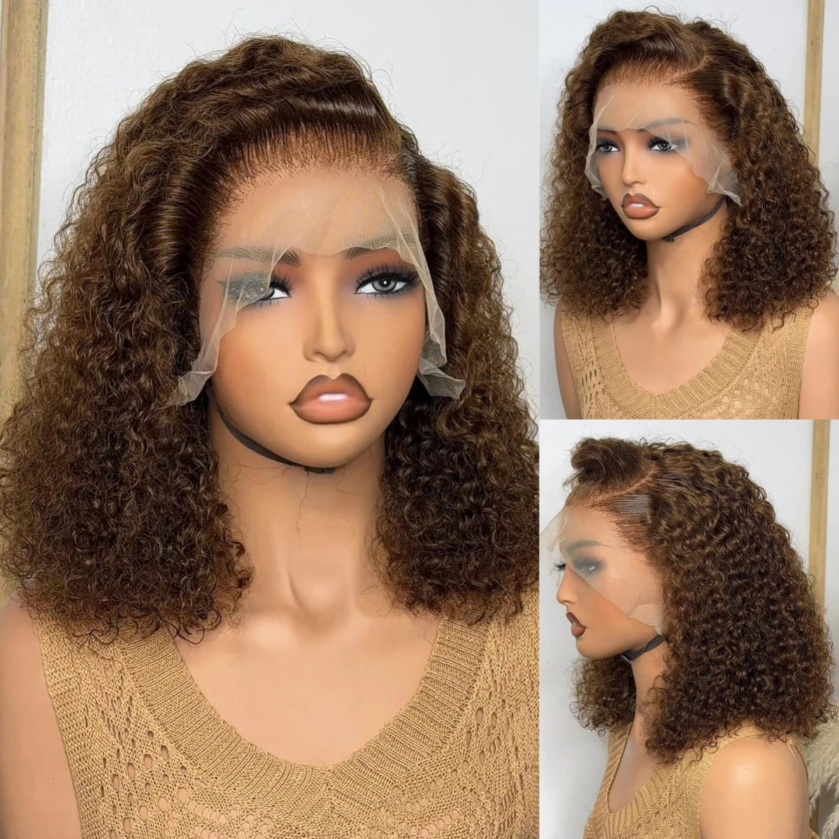 Dark Brown Short Bob Wigs Curly 13x4 Lace Frontal Human Hair Wigs 220% Density HD Transparent Lace Front Wig Colored #4 Lace Wig