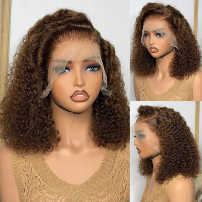 Dark Brown Short Bob Wigs Curly 13x4 Lace Frontal Human Hair Wigs 220% Density HD Transparent Lace Front Wig Colored #4 Lace Wig