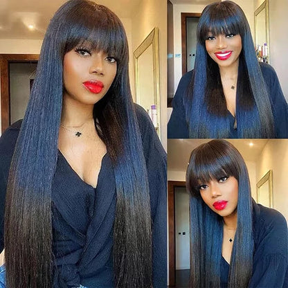 Long Straight Wigs With Bangs Human Hair Fringe 360 Full Lace Front Wig Brazilian Raw Vietnamese Hair Gluless HD Frontal Wigs