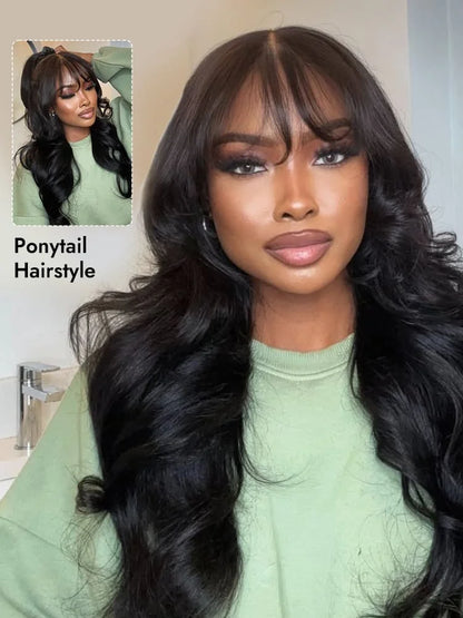 Alipearl Hair Long Natural Wavy Airy Bangs Glueless 5x5 Lace Closure Human Hair Wigs Ready And Go Wig