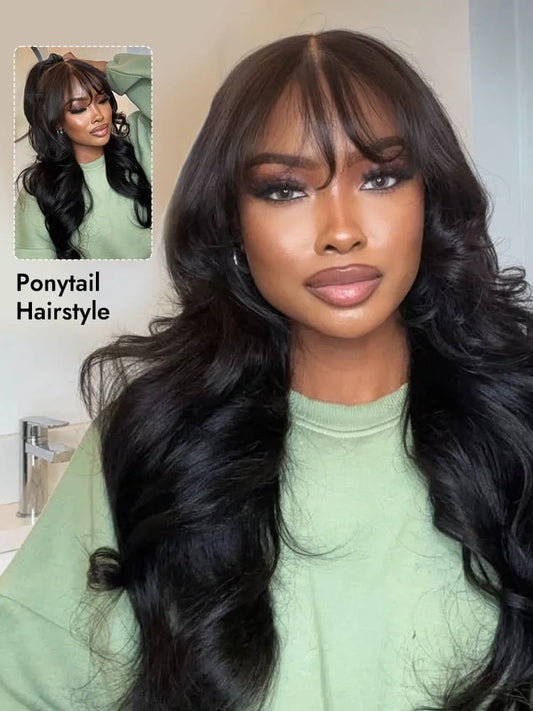 Alipearl Hair Long Natural Wavy Airy Bangs Glueless 5x5 Lace Closure Human Hair Wigs Ready And Go Wig