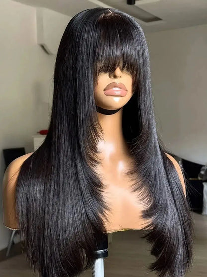 Black Layered Cut Lace Front Wig With Bangs Straight Lace Frontal Wigs 13x4 Glueless PrePlucked Hd Lace Wig Synthetic For Women