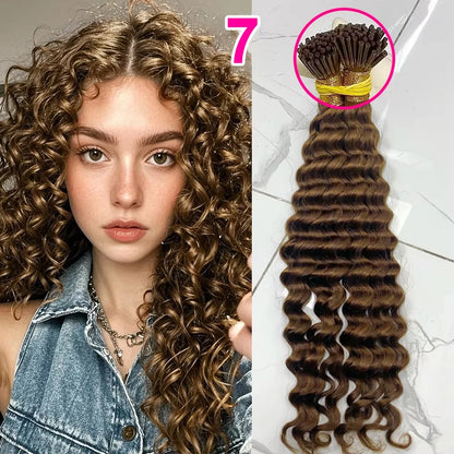 Deep Wave I Tip Hair Extensions 100%Human Hair Extensions Curly I Tip Double Drawn Bundles Microlink  Full Thick Ends Extensions