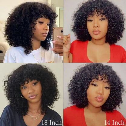 Short Curly Human Hair Wigs for Black Women Natural Color Kinky Curly Wigs with Bangs Brazilian Remy Hair Short Bob Wigs