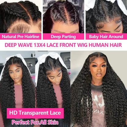 Deep Wave Pre Braided Wigs 13x4 HD Lace Frontal Black Human Hair Curly Wigs 30 Inch Boho Braids Human Hair Water Wave Wigs