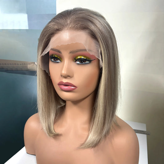 Human Hair Wigs HD 13x4 Lace Frontal Wig Short Straight Bob Hair Light Brown Blonde Mixed Piano Wig for Afro Women Use Brazilian