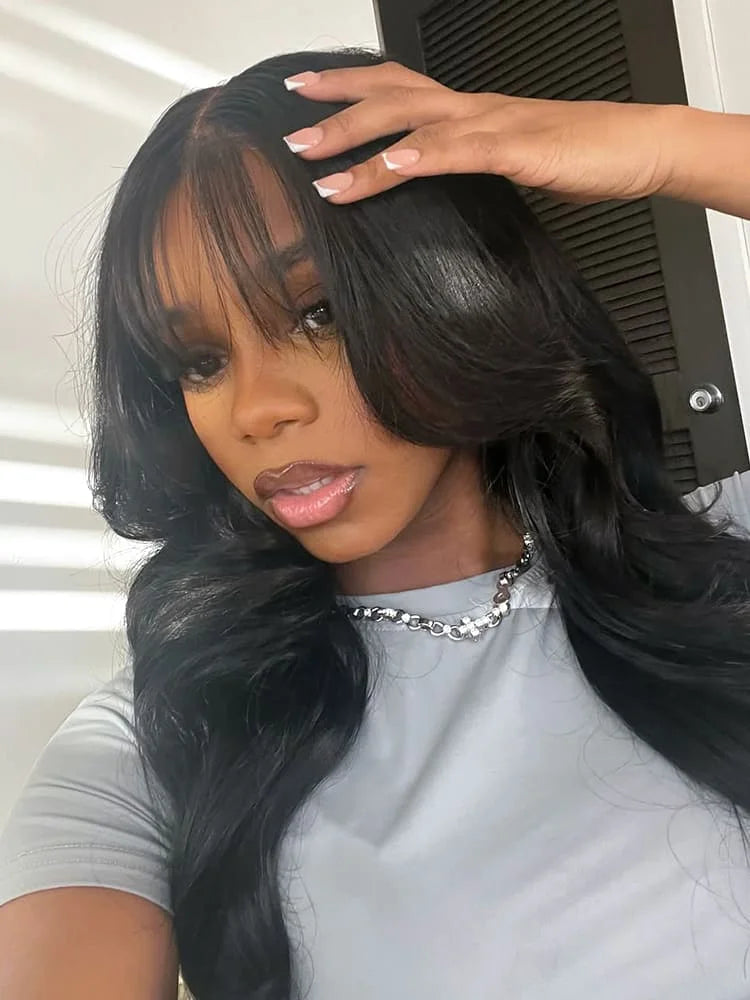 Alipearl Hair Long Natural Wavy Airy Bangs Glueless 5x5 Lace Closure Human Hair Wigs Ready And Go Wig