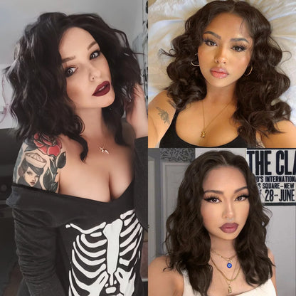 13X4 Chocolate Brown Short Curly Wavy Hair Synthetic Lace Front Wig Shoulder Length Deep Wave Brunette Brown Bob Wigs for Women
