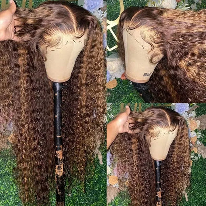 4/27 Highlight Kinky Curly Human Hair Wig Wear And Go Glueless 13x4 Lace Front Wig 200% HD Deep Wave Lace Frontal Wig PrePlucked
