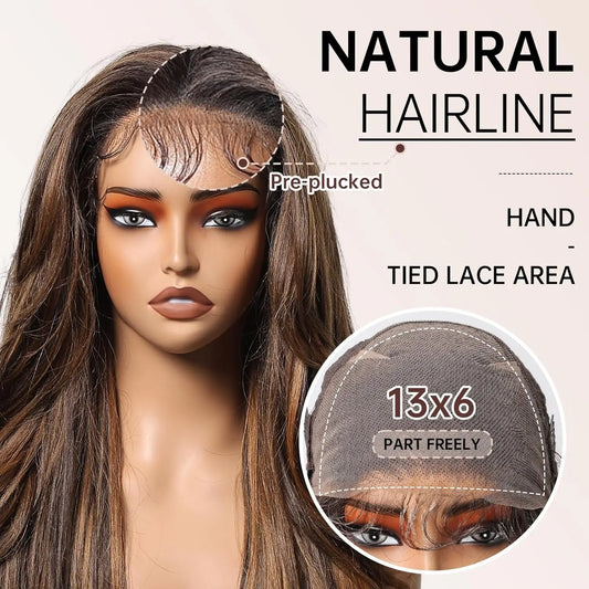 Long Curly 13*6 Lace Front Wigs Dark Brown Highlight Synthetic Wig with Baby Hair Heat Resistant Daily Lace Wig for Afro Women