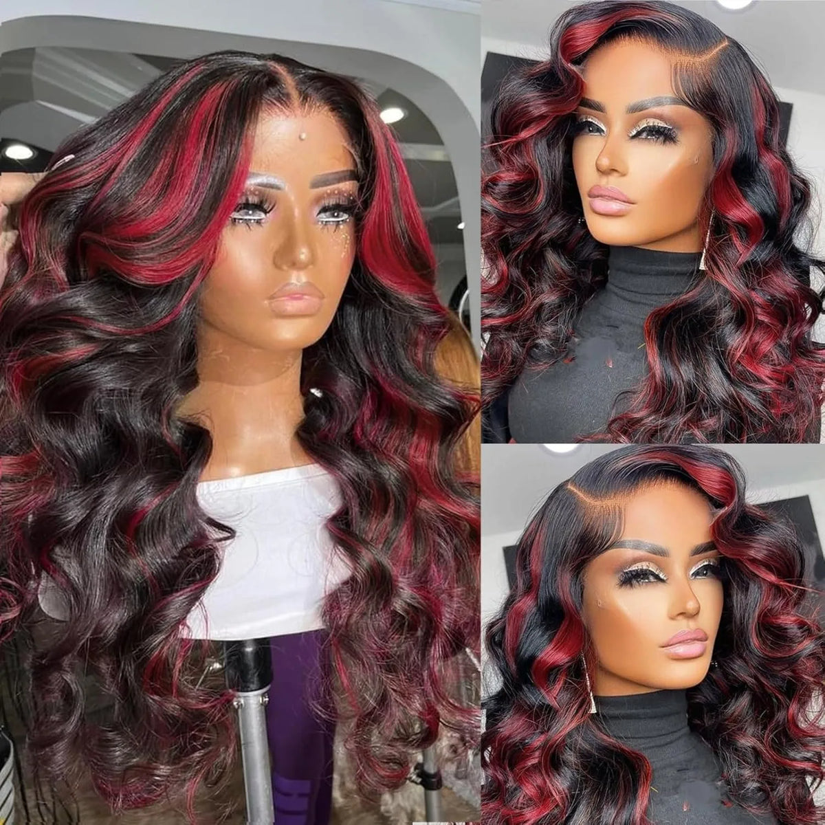 Highlight 5x5 Glueless Wigs Human Hair Pre Plucked Pre Cut Black Hair With Red highlight Body Wave Wigs Human Hair 200% Density