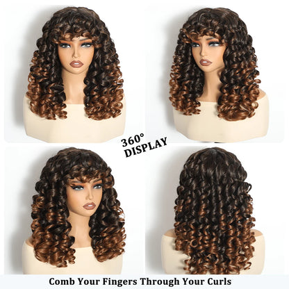 Curly Wig for Women Ombre Blonde Long Curly Wave Wigs with Bangs Synthetic Wig Natural Cosplay Party Heat Resistant Hair