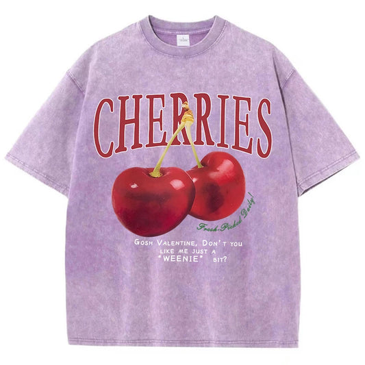 Women Cotton Washed T-Shirts Trend O-Neck Distressed Tops Fresh Red Cherries Print Short Sleeve Summer Street Female Clothes