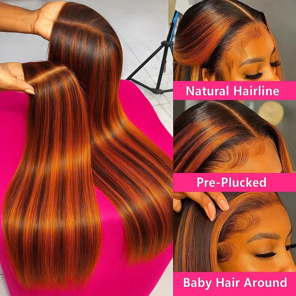 100% Human Hair 4/350 Highlight Ombre Bone Straight 13x6 Lace Front Wigs Ginger Orange Brown Colored 13x4 Lace Frontal Wig