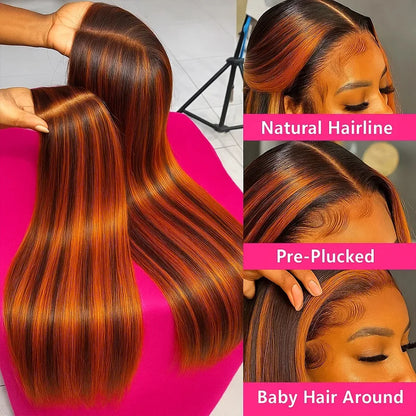 100% Human Hair 4/350 Highlight Ombre Bone Straight 13x6 Lace Front Wigs Ginger Orange Brown Colored 13x4 Lace Frontal Wig