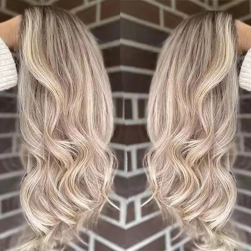 100 Human Hair Highlight Wigs Dark Roots Colored Ash Blonde Wave Human Hair Wigs 13x4 Lace Front Wigs for Women Pre Plucked Hair