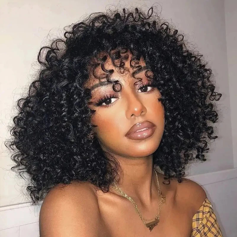 Short Curly Human Hair Wigs for Black Women Natural Color Kinky Curly Wigs with Bangs Brazilian Remy Hair Short Bob Wigs