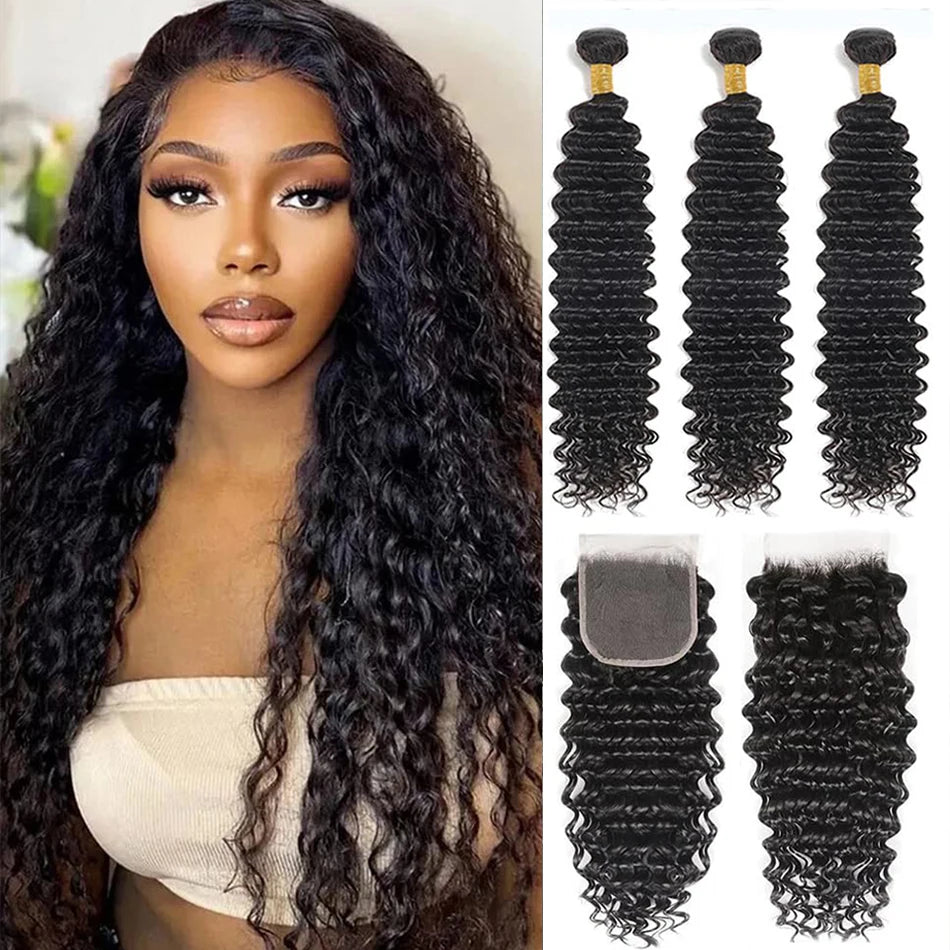 100% Virgin Human Hair Deep Wave 2/3 Bundles With Lace Closure Ombre Highlight Malaysian Hair Deep Curly With 4X4 Lace Closure