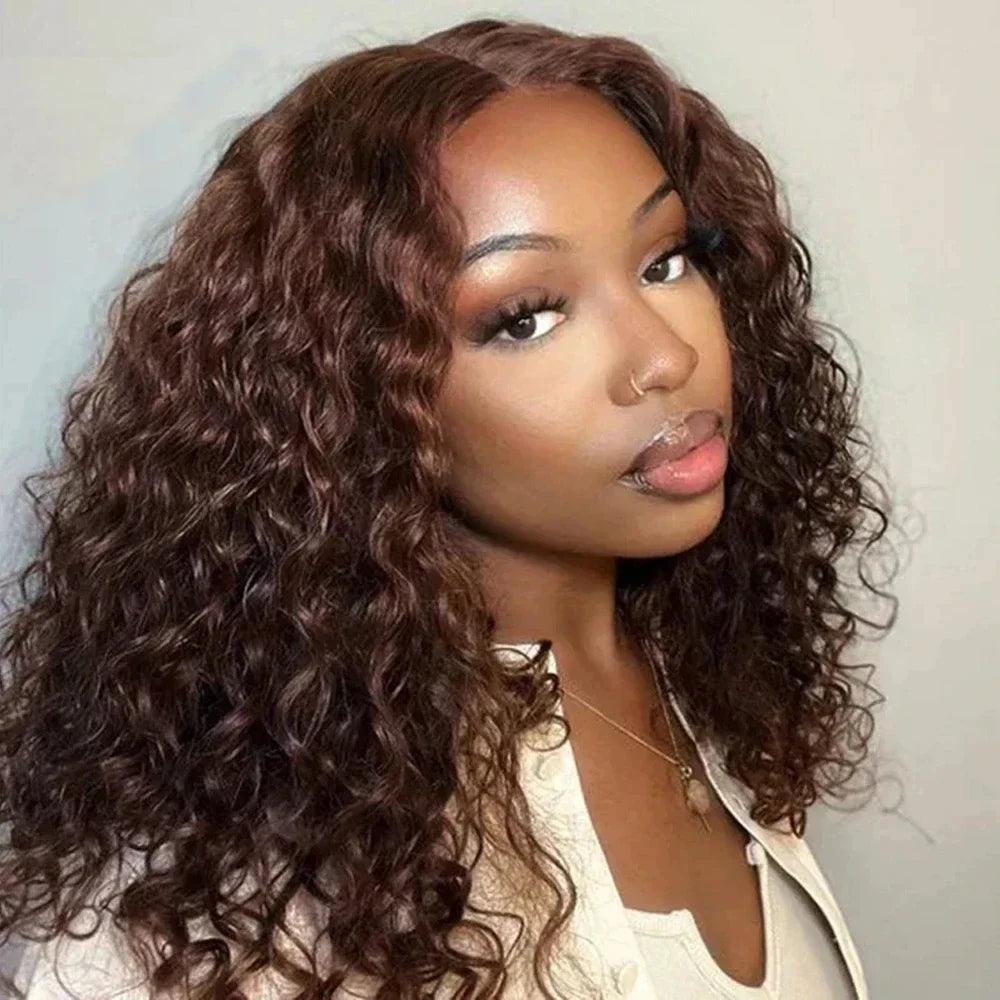 #4 Color Curly Short Bob Human Hair Wig Brown 13x4 4x4 Lace Frontal Bob Wigs Brazilian Deep Wave Wig Preplucked Lace Front Wig