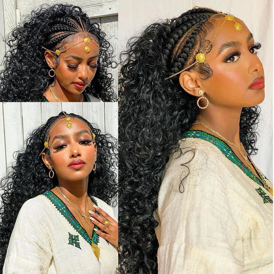Deep Wave Pre Braided Wigs 13x4 HD Lace Frontal Black Human Hair Curly Wigs 30 Inch Boho Braids Human Hair Water Wave Wigs