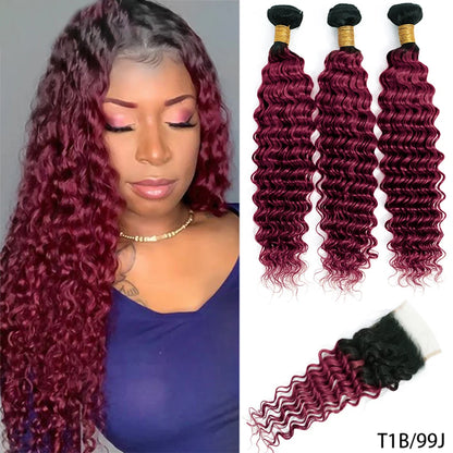100% Virgin Human Hair Deep Wave 2/3 Bundles With Lace Closure Ombre Highlight Malaysian Hair Deep Curly With 4X4 Lace Closure