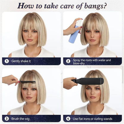 Real Human Hair Wigs for Women Short Blonde Bob Wig 100% Natural Human Hair with Bangs for Daily Party Wear Soft Hair