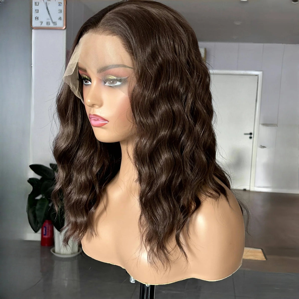 13X4 Chocolate Brown Short Curly Wavy Hair Synthetic Lace Front Wig Shoulder Length Deep Wave Brunette Brown Bob Wigs for Women