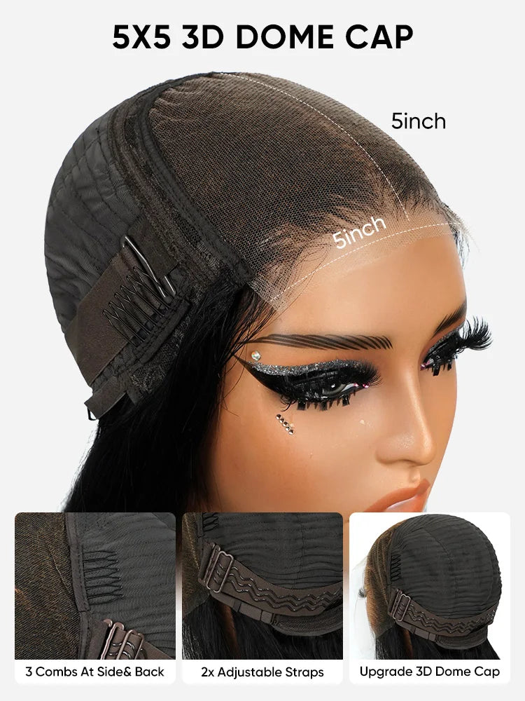 Alipearl Hair Long Natural Wavy Airy Bangs Glueless 5x5 Lace Closure Human Hair Wigs Ready And Go Wig