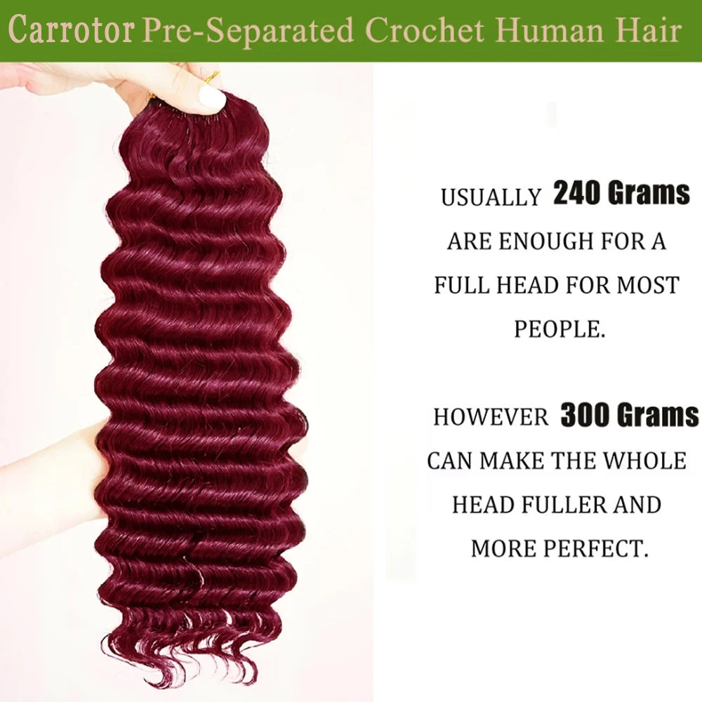 Burgundy Color 100% Human Hair Deep Wave Feather Hair Extensions Knotless Pre-Separated Crochet Hair Extensions For Daily Use