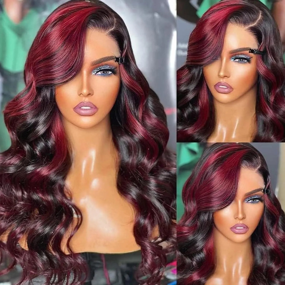 Highlight 5x5 Glueless Wigs Human Hair Pre Plucked Pre Cut Black Hair With Red highlight Body Wave Wigs Human Hair 200% Density