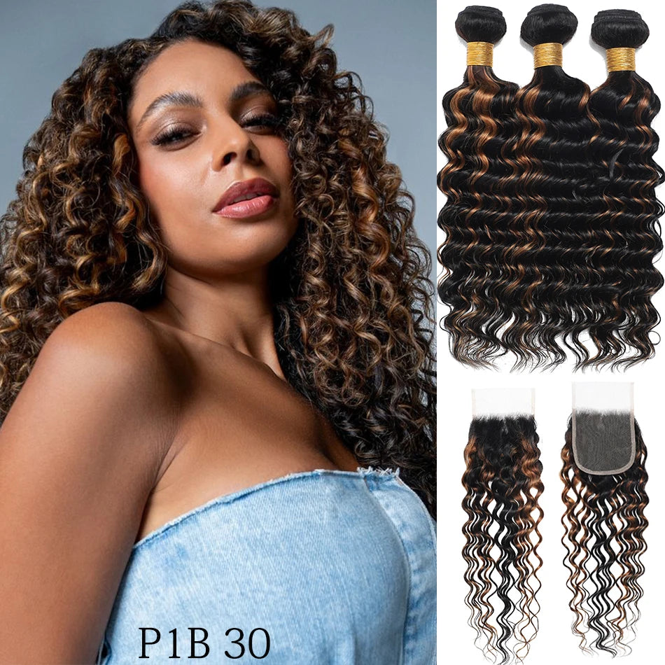 100% Virgin Human Hair Deep Wave 2/3 Bundles With Lace Closure Ombre Highlight Malaysian Hair Deep Curly With 4X4 Lace Closure