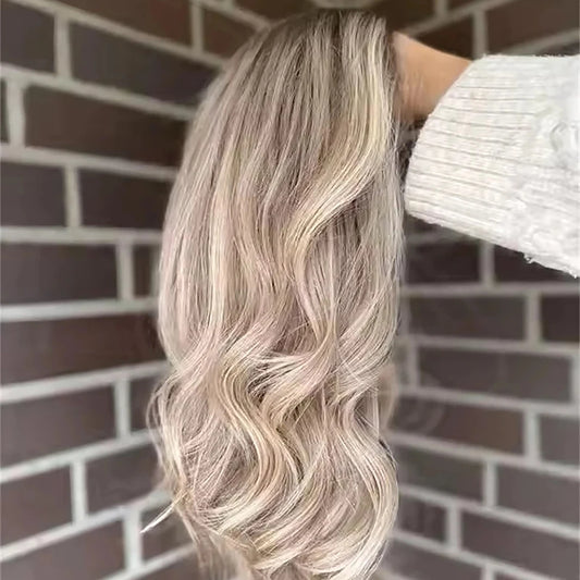 100 Human Hair Highlight Wigs Dark Roots Colored Ash Blonde Wave Human Hair Wigs 13x4 Lace Front Wigs for Women Pre Plucked Hair