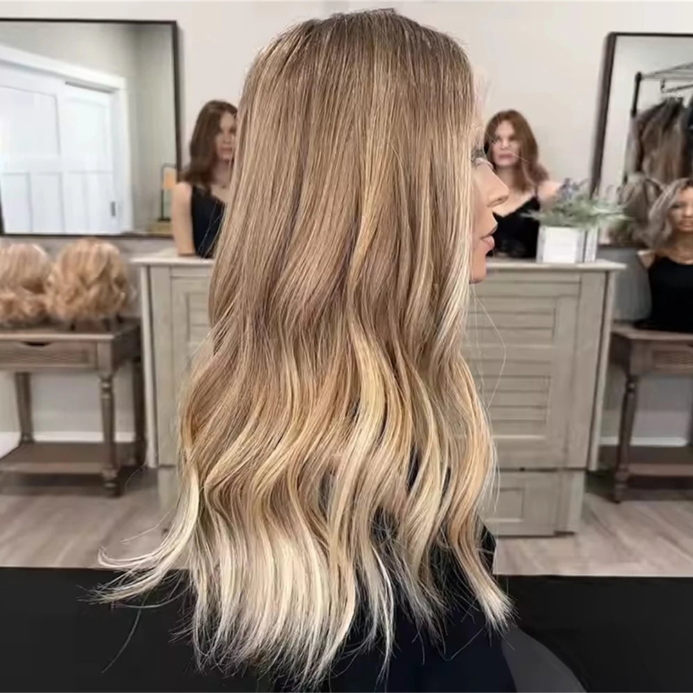 High Heat Fibre Realistic Lace Top Wig Warm Blonde Highlights HD Lace Front Wig for Women Hair Loss 13x4 Glueless Long Wavy Wigs